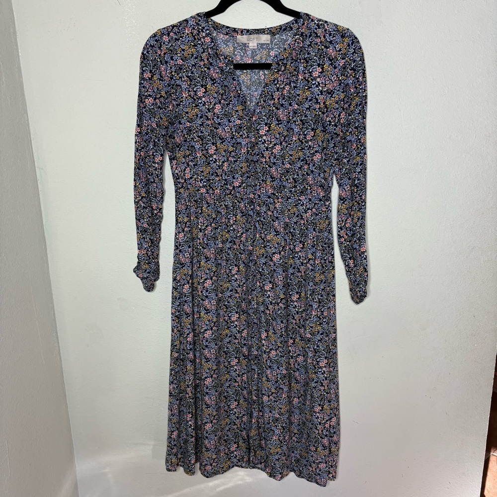 Floral Long-Sleeve Midi Dress - Navy with Pink & Yellow Floral Size 0P